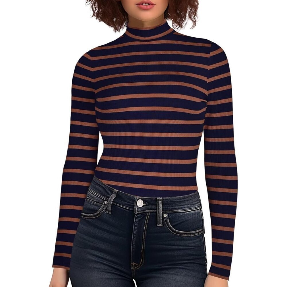Women Long Sleeve Turtleneck Shirt Cozy Ribbed Knit Stripe Basic Layering